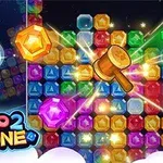 カラフルな宝石ブロックが並び、中央にハンマーのアイコンが輝いている。