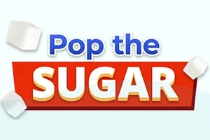 赤い背景に白と青の文字で「Pop the SUGAR」と書かれたロゴがあり、周囲に白い立方体が散りばめられている。
