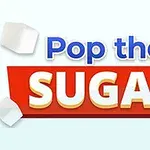 赤い背景に白と青の文字で「Pop the SUGAR」と書かれたロゴがあり、周囲に白い立方体が散りばめられている。