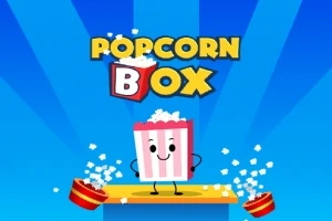 青い背景に「POPCORN BOX」の文字と笑顔のポップコーン入りボックスが描かれている。
