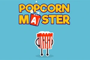 青い背景に、笑顔の腕と脚が付いた赤と白のポップコーンバケツのイラストと「POPCORN MASTER」の文字。