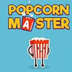 青い背景に、笑顔の腕と脚が付いた赤と白のポップコーンバケツのイラストと「POPCORN MASTER」の文字。