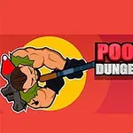 筋肉質のキャラクターが銃を構えている左側に、赤と青の顔アイコンがあるデザイン。