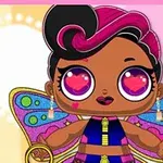 カラフルな蝶の羽を持つ、大きな瞳とピンクの髪が特徴のかわいいキャラクター。