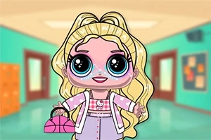 金髪の大きな目をしたキャラクターが、学校の廊下に立っている。