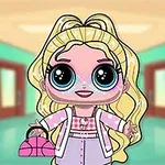金髪の大きな目をしたキャラクターが、学校の廊下に立っている。