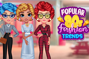 3人のカラフルな髪の女性がファッションを披露し、ポップな80年代スタイルの背景と「Popular 80s Fashion Trends」というテキストが表示されている。