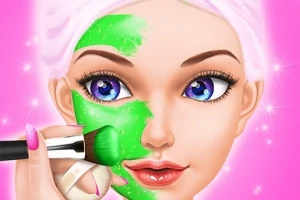 ピンクの背景で、化粧ブラシで女性の顔にグリーンのフェイスマスクを塗っているイラスト。