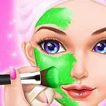 ピンクの背景で、化粧ブラシで女性の顔にグリーンのフェイスマスクを塗っているイラスト。