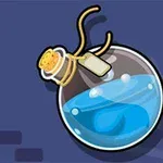 青い液体が入ったコルク栓付きの丸いガラス瓶。