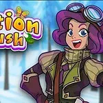 紫色の髪を持つキャラクターが、ゴーグルを頭につけて笑顔で立っている背景に、雪景色と「potion rush」のロゴが描かれている。