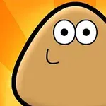 茶色で三角形に近い形をしたキャラクターが、大きな目と背景のオレンジの放射状模様と共に描かれている。