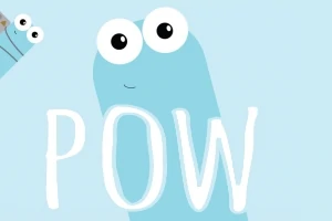 青い背景に大きな目を持つ青いキャラクターと「POW」のテキストが描かれたイラスト。