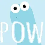 青い背景に大きな目を持つ青いキャラクターと「POW」のテキストが描かれたイラスト。