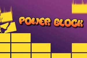 紫色の背景に黄色い四角形のブロックと「POWER BLOCK」という文字。