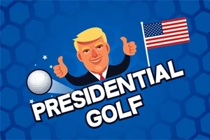 アメリカ国旗を背景にした笑顔のキャラクターとゴルフボール、タイトルテキスト。
