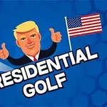 アメリカ国旗を背景にした笑顔のキャラクターとゴルフボール、タイトルテキスト。