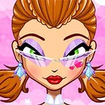 紫のアイシャドウと赤いリップ、眼鏡をかけた女性のイラストで、背景はピンクと星が描かれている。