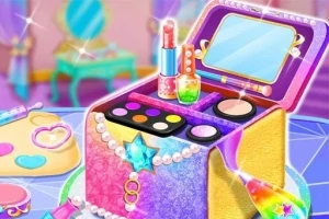 カラフルでキラキラした化粧箱が、口紅やアイシャドウ、ネイルポリッシュなどの化粧品と共にテーブルの上に置かれている。