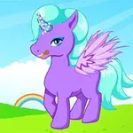 紫色のユニコーンが緑のフィールドと青空を背景にしている。
