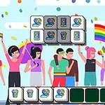 数人のキャラクターがレインボーフラッグを振りながらパレードに参加しているイラスト。