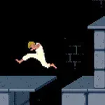 白い服を着たキャラクターが、暗い背景の中でジャンプしているシーン。