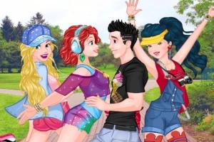 若い男女が公園でカジュアルな服装で楽しそうにポーズをとっている。