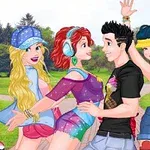 若い男女が公園でカジュアルな服装で楽しそうにポーズをとっている。