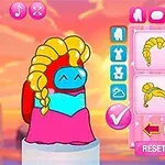 ピンクと青の服を着たキャラクターが、金の髪型を選ぶ画面。