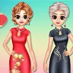 2人のアニメキャラクターが伝統的なチャイナドレスを着て笑顔で立っている。