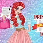 赤い髪の女性が成績表を持ち、ピンクのバッグを持って微笑んでいる、背景に教育に関連するイラストが描かれたカラフルな画像。