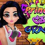 女性キャラクターがスプレーペイントを持ち、背景に色鮮やかなグラフィティアートが描かれた壁があります。