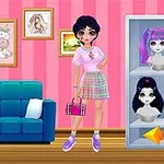 ピンクのストライプの壁の前に立つキャラクターと、髪型の選択肢が並んだディスプレイボックス。