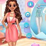 若い女性がピンクのドレスを着て立っており、隣には衣装の選択肢が表示されたインターフェースがある。