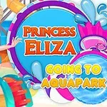 金髪のキャラクターが水着を着てウォーターパークに立っているイラスト。