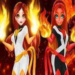 赤と白の衣装を着た2人のキャラクターが手に炎を持って立っている。