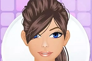 紫色の背景に、大きな青い目と茶色の髪を持つ女性のイラスト。