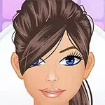 紫色の背景に、大きな青い目と茶色の髪を持つ女性のイラスト。