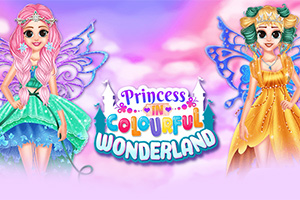 カラフルなドレスを着た妖精風の二人の女性が立っているイラストと「Princess in Colourful Wonderland」の文字。