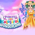 カラフルなドレスを着た妖精風の二人の女性が立っているイラストと「Princess in Colourful Wonderland」の文字。