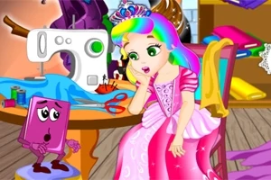 虹色の髪をした女の子がピンクのドレスを着て、ミシンや裁縫用具がある部屋で紫色のキャラクターと一緒に座っている。