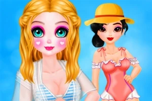 ブロンドの女性と帽子をかぶった黒髪の女性が、水着姿で青い背景の前に立っている。
