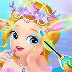 金髪のキャラクターが貝のクラウンを着けてメイクをしている様子とカニが描かれている。