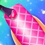 ネイルにピンクと赤のチェック柄が描かれ、背景にはカラフルなグラデーションと蝶や光る装飾が施されています。