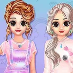 キュートなスタイルでドレスアップした2人の女の子のイラスト。