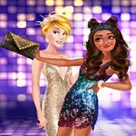 カラフルな背景の前でドレスを着た2人の女性キャラクターがポーズを取っている。