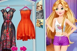 キャラクターが立っており、2着のドレスがハンガーに掛けられている。