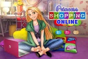 長い金髪の女性がピンク色のラップトップを使用して座っている部屋のイラスト。