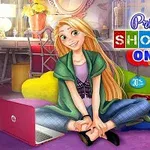 長い金髪の女性がピンク色のラップトップを使用して座っている部屋のイラスト。