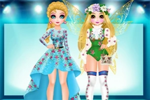 青い花柄ドレスの女性と緑の妖精コスチュームの女性が並んで立っている。